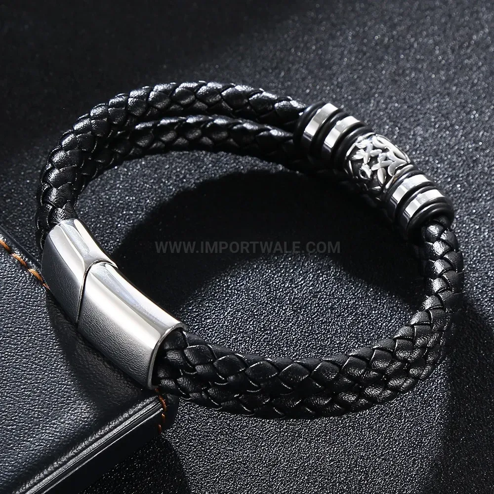 Color Block Leather Beaded Stainless Steel Men Wristband