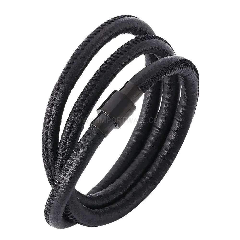 Multi-Layer Black Leather Cord Bracelet with Stainless Steel