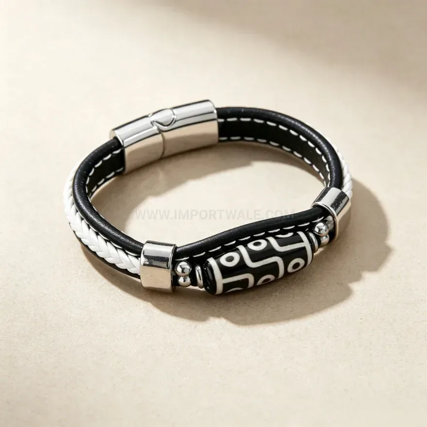 Classic Tibetan Dzi Bead Braided Leather Magnetic Steel Bracelet