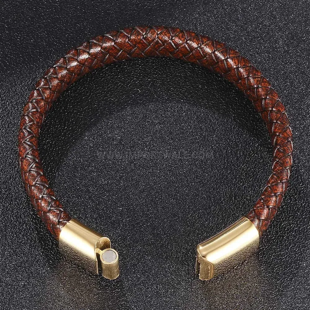 Vintage Woven Leather Stainless Steel Magnetic Clasp Bracelet