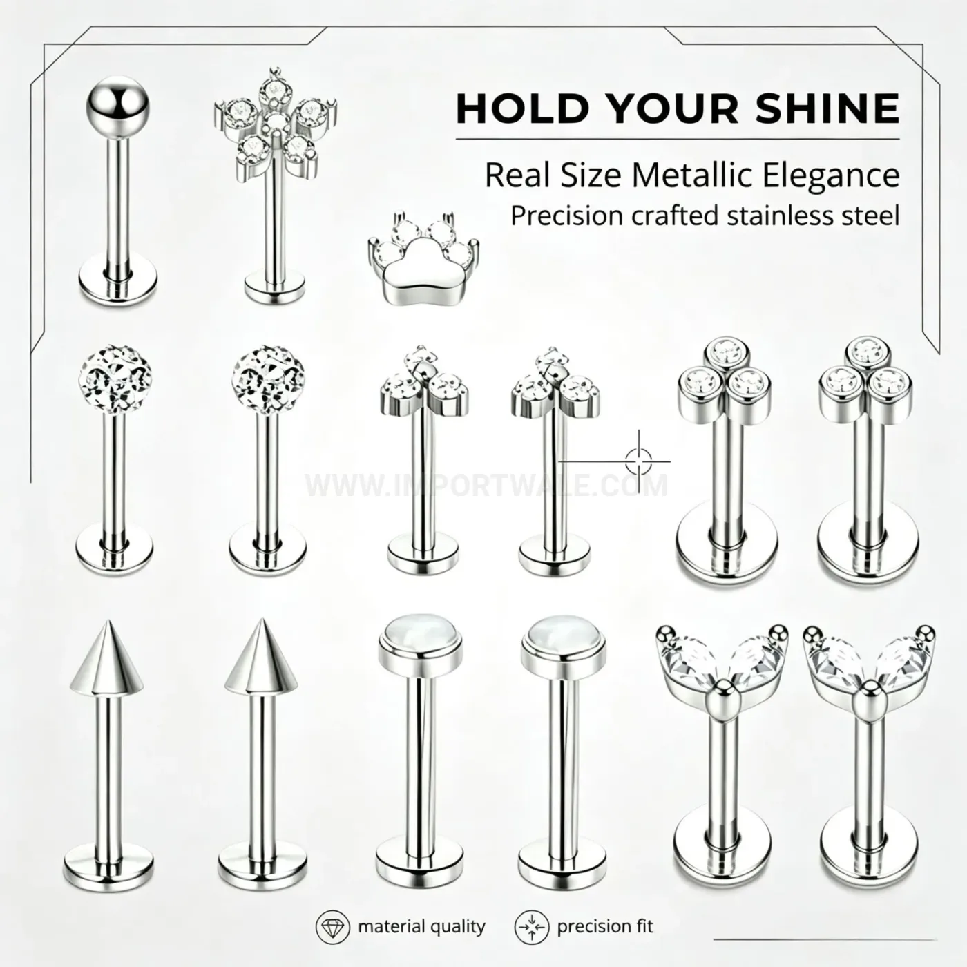 Classic Stainless Steel Crystal Flat Back Screw Labret Stud
