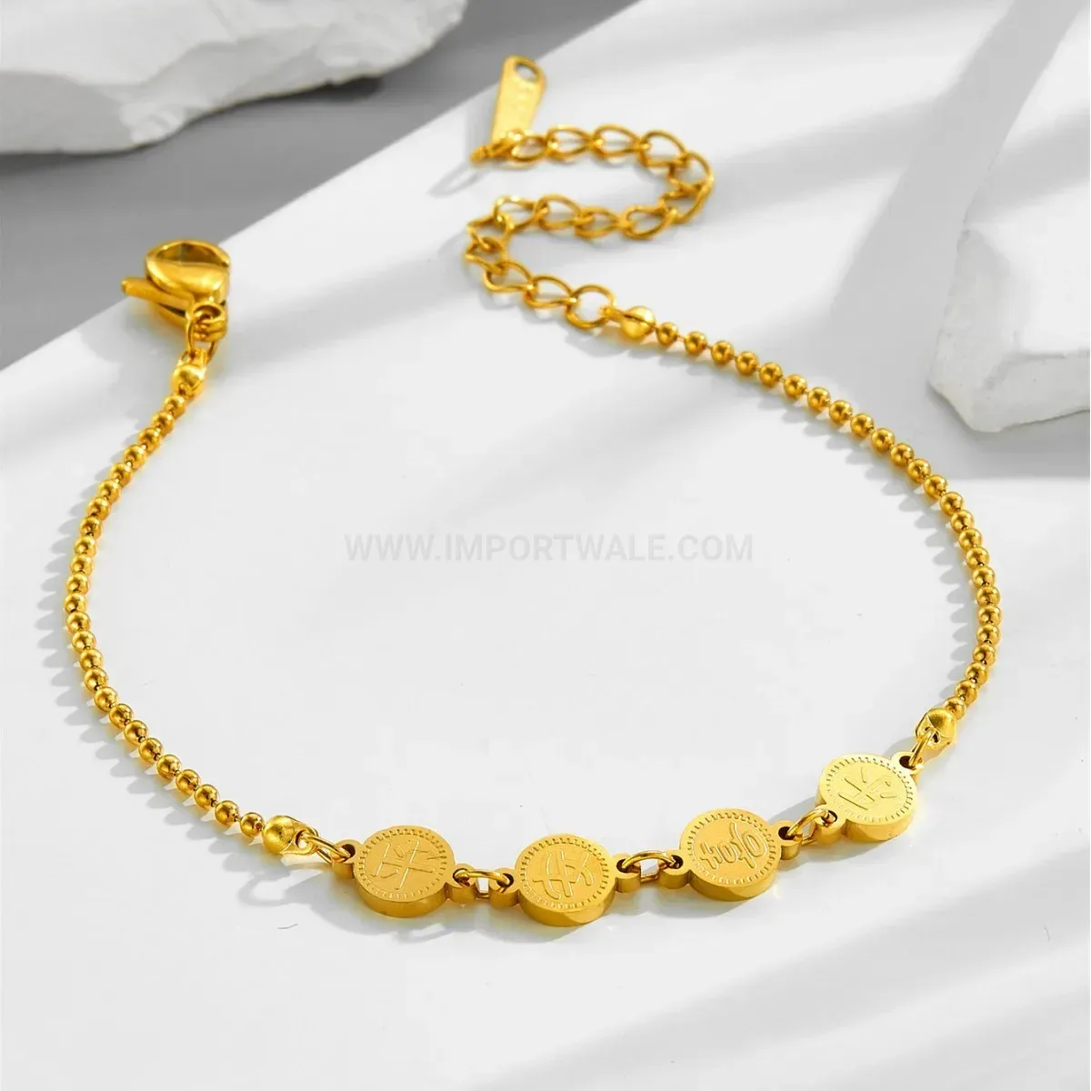 Gold Plated Stainless Steel Engraved Blessing Round Disc Pendant Bracelet