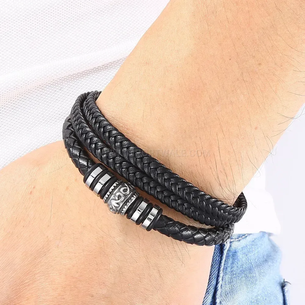 Modern Braided Leather Wrap Bracelet with Carved Alloy Magnetic Clasp
