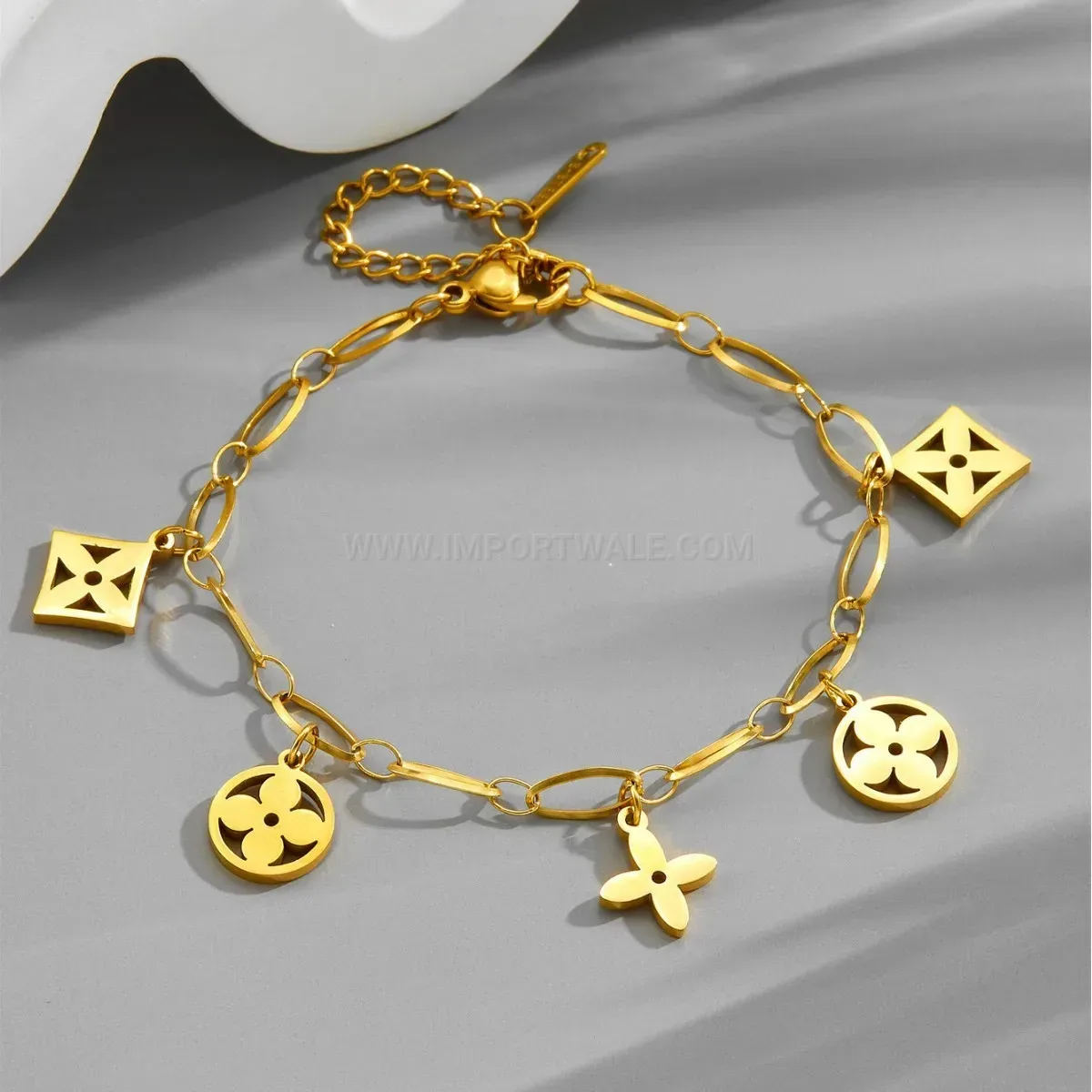 Gold Plated Stainless Steel Four Leaf Clover Tassel Charm Bracelet