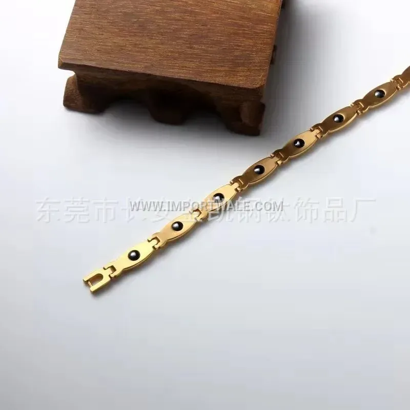 Gold Titanium Steel Oval Link Crystal Magnetic Bracelet