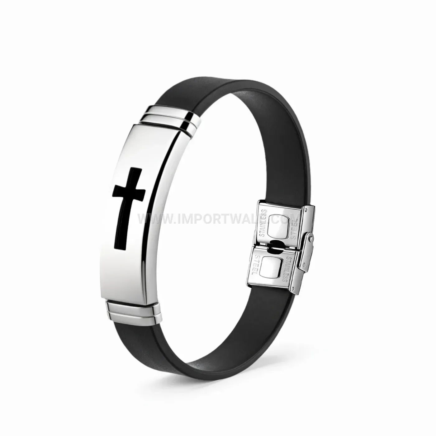 Adjustable Polished Stainless Steel Cross Motif Cuff Bracelet