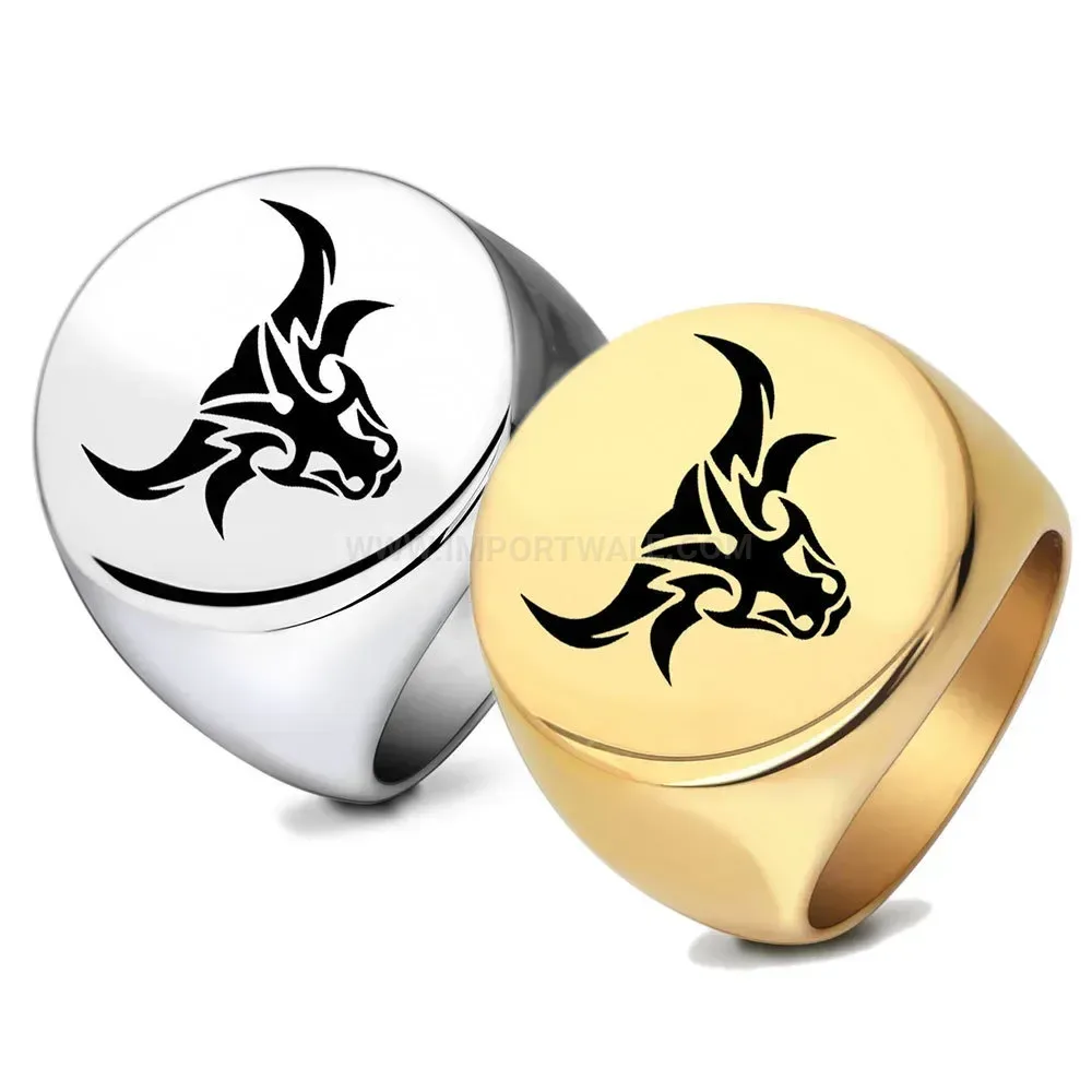 Trendy Engraved Bull Head Vintage 304 Stainless Steel Signet Ring