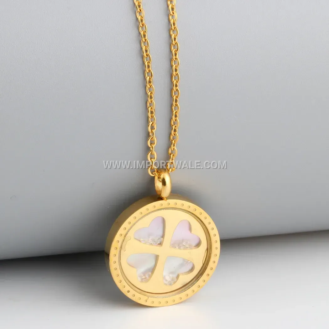 Gold Stainless Steel Cutout Clover Pendant Necklace with Crystal Accent