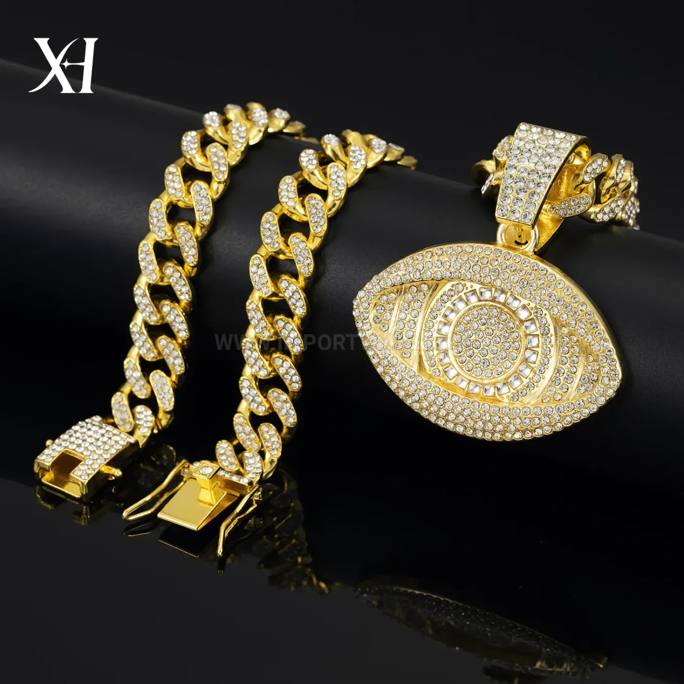 Iced Out Big Eye Pendant Hip Hop Cuban Chain Necklace