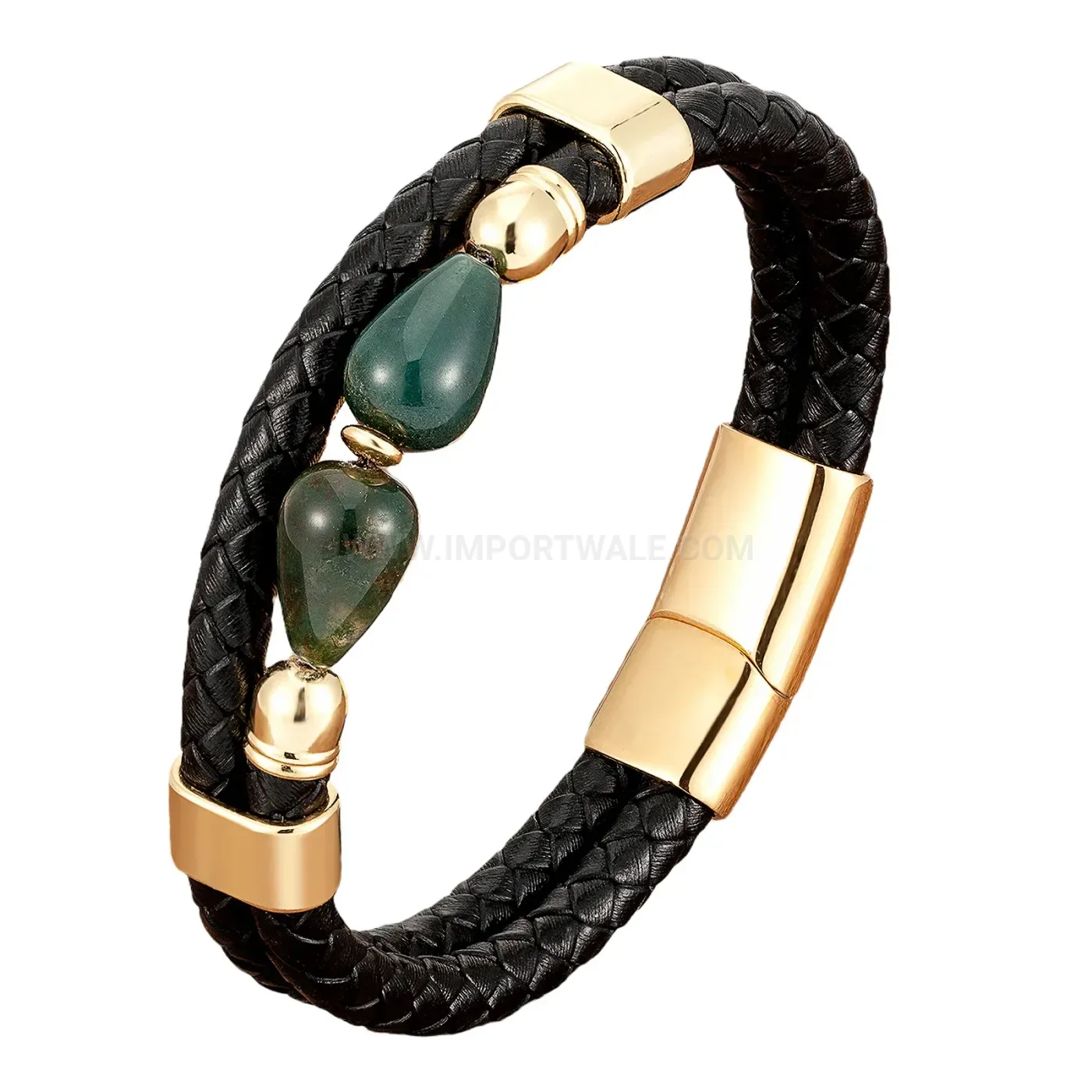 Double Band Braided Leather Wristband with Metallic Clasp
