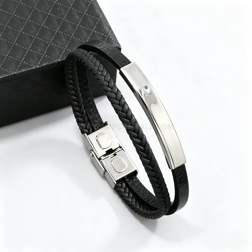 Modern Braided Stainless Steel and Leather Magnetic Bracelet