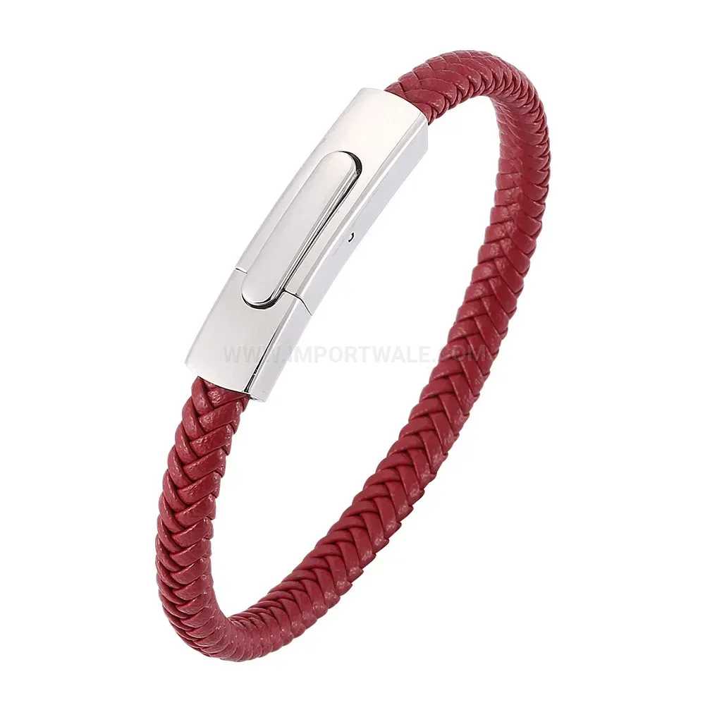 Woven Leather Bracelet with Stainless Steel Push Clasp