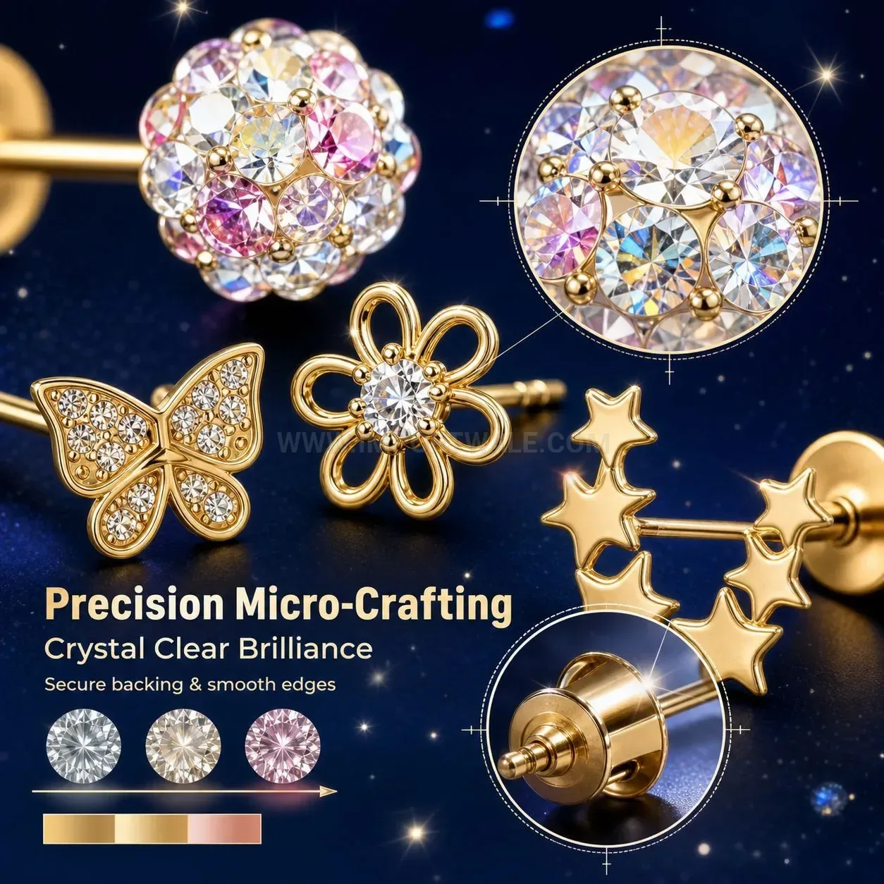 Chic Stainless Steel Floral Butterfly Star Rhinestone Piercing Stud Earring Set