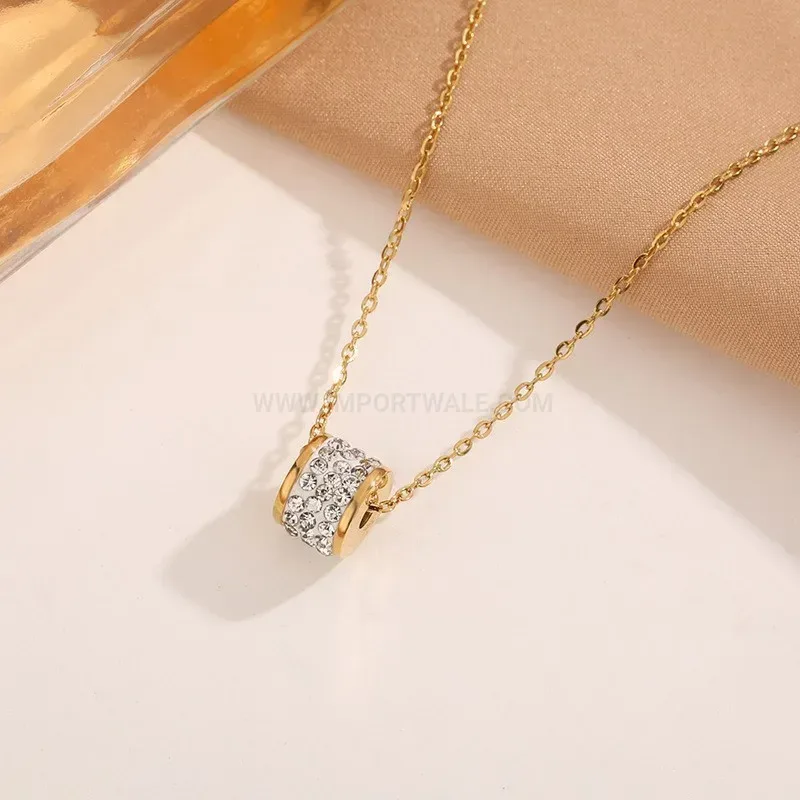 Trendy Rhinestone Cylinder Pendant Rose Gold Plated Stainless Steel Necklace