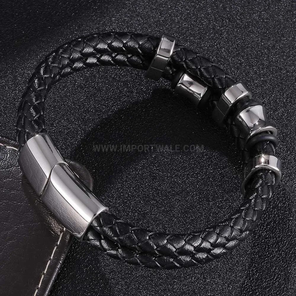 Men's Braided Leather Bracelet with Stainless Steel Magnetic Clasp