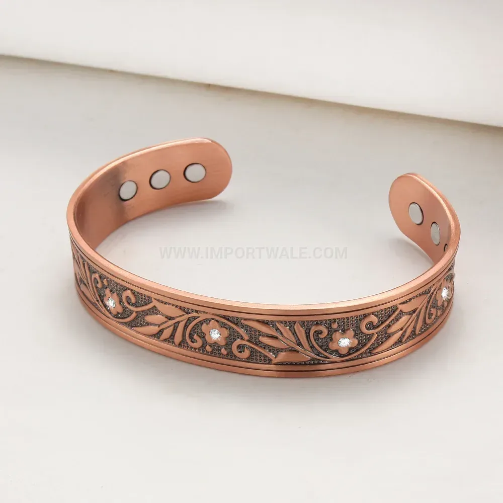 Vintage Leaf Carved Copper Bio Magnetic Cuff Bracelet