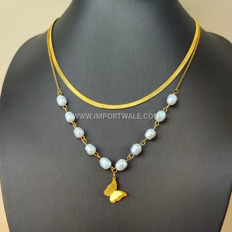 Layered Titanium Steel Butterfly Pearl Choker Necklace
