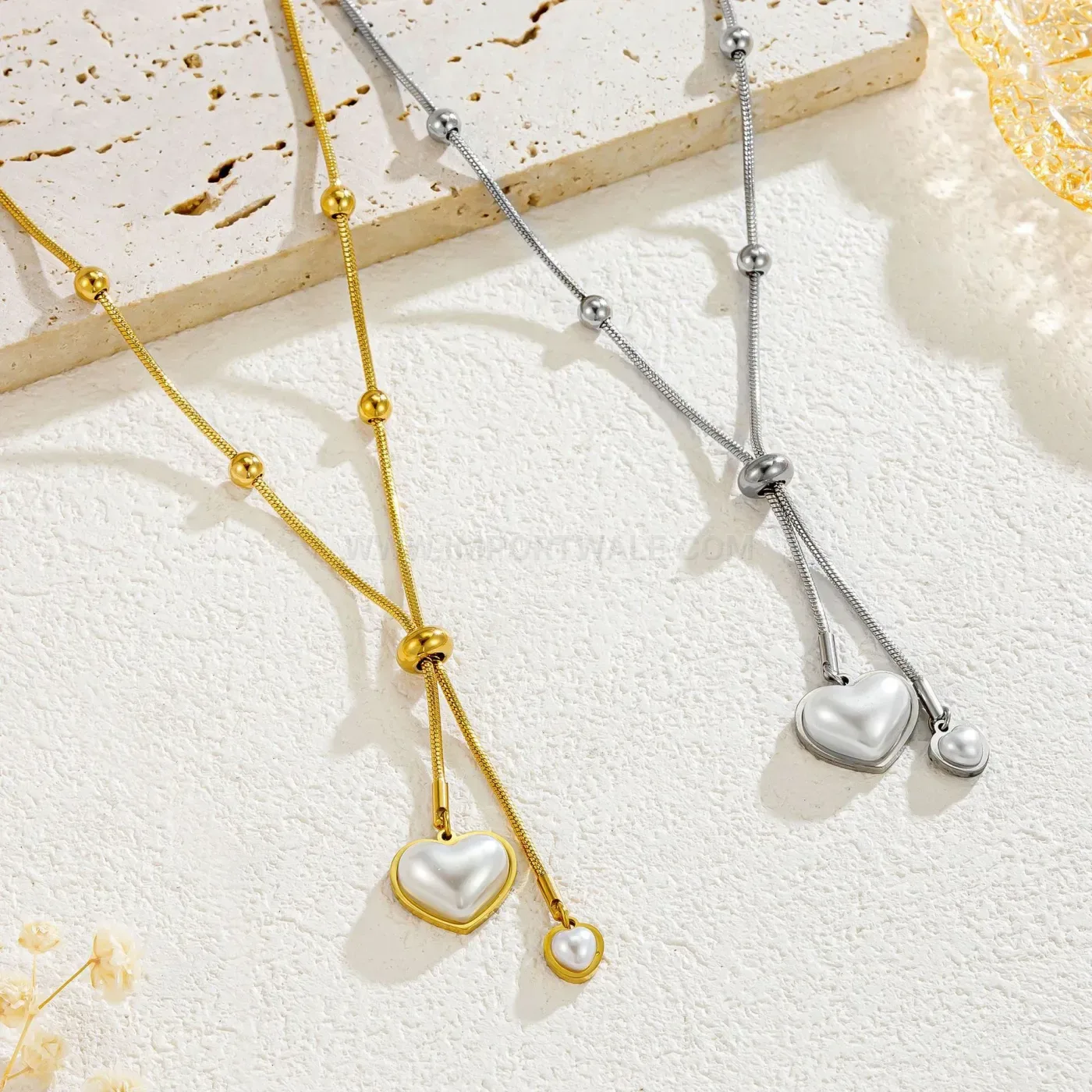 Chic Adjustable Double Heart Pearl Accent Stainless Steel Snake Chain Necklace