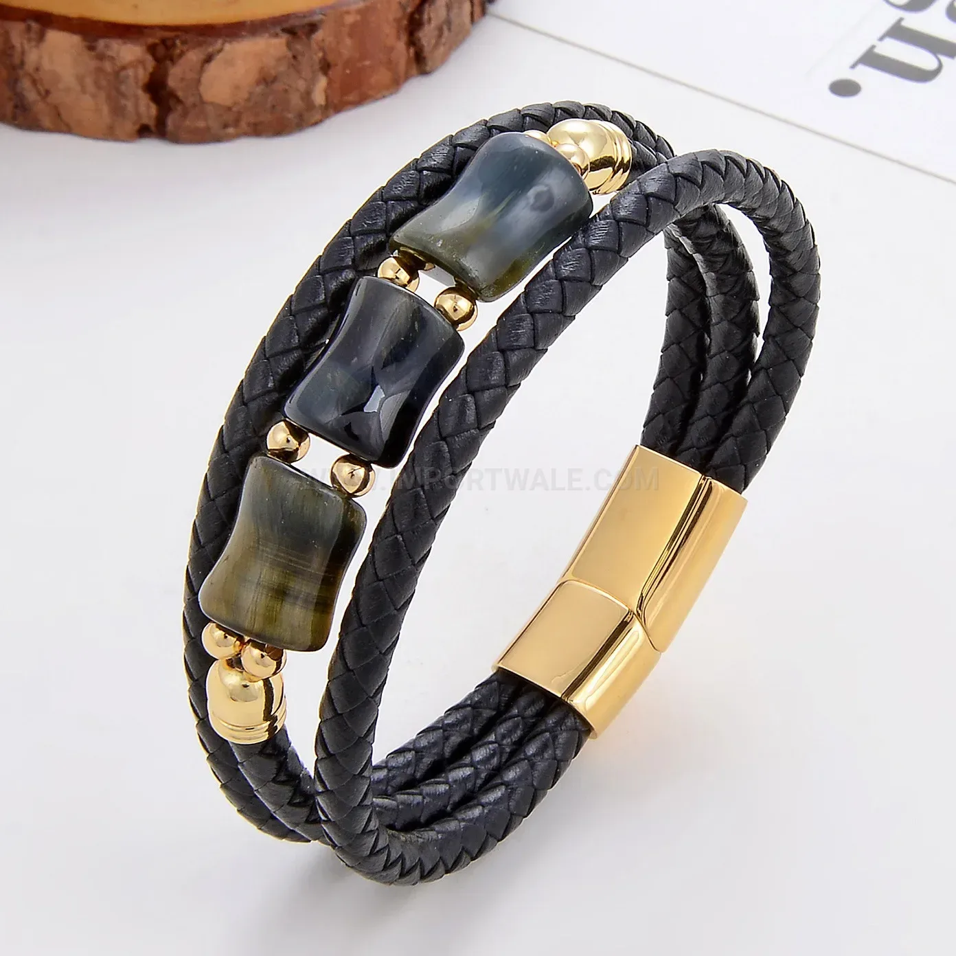 Woven Leather Bracelet featuring Stainless Steel Magnetic Clasp Accent Stone