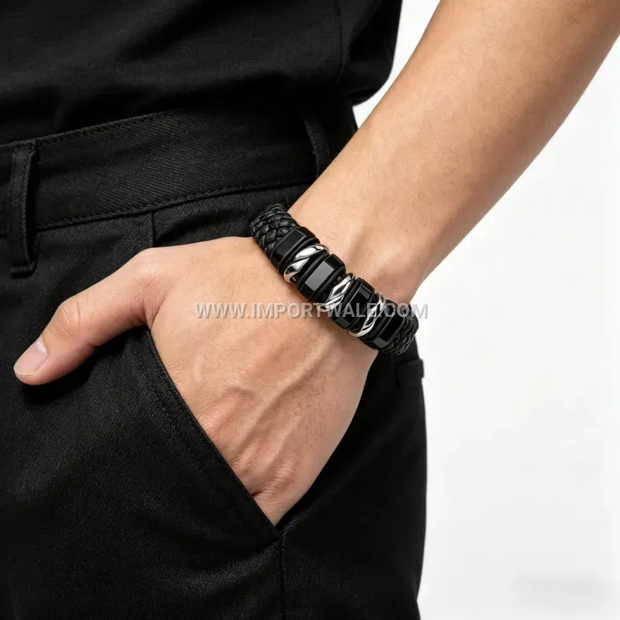 Woven Leather Bead-Accented Magnetic Cuff Bracelet for Men