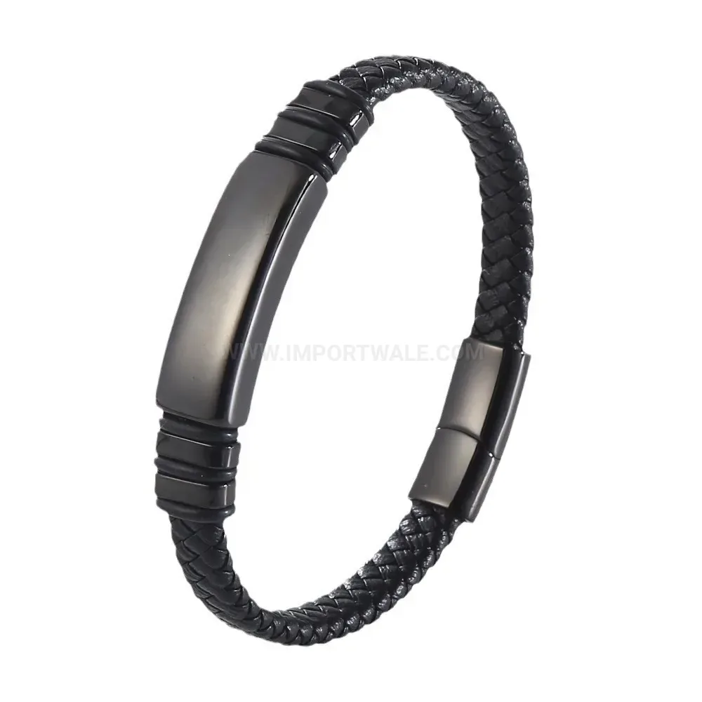 Minimalist Braided Leather Men Bracelet with Polished Stainless Steel Accents