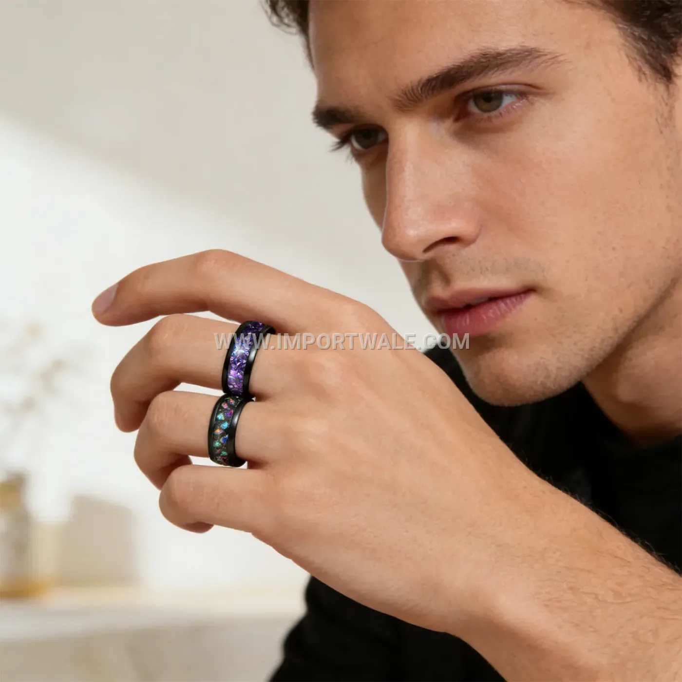 Starry Purple Amethyst Stainless Steel Band Ring Set