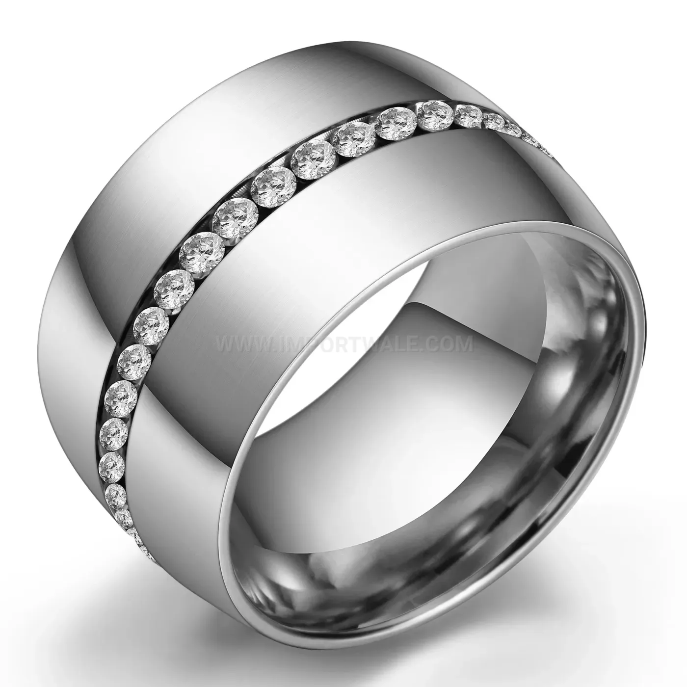Wide Stainless Steel Ring with Single Row Rhinestones