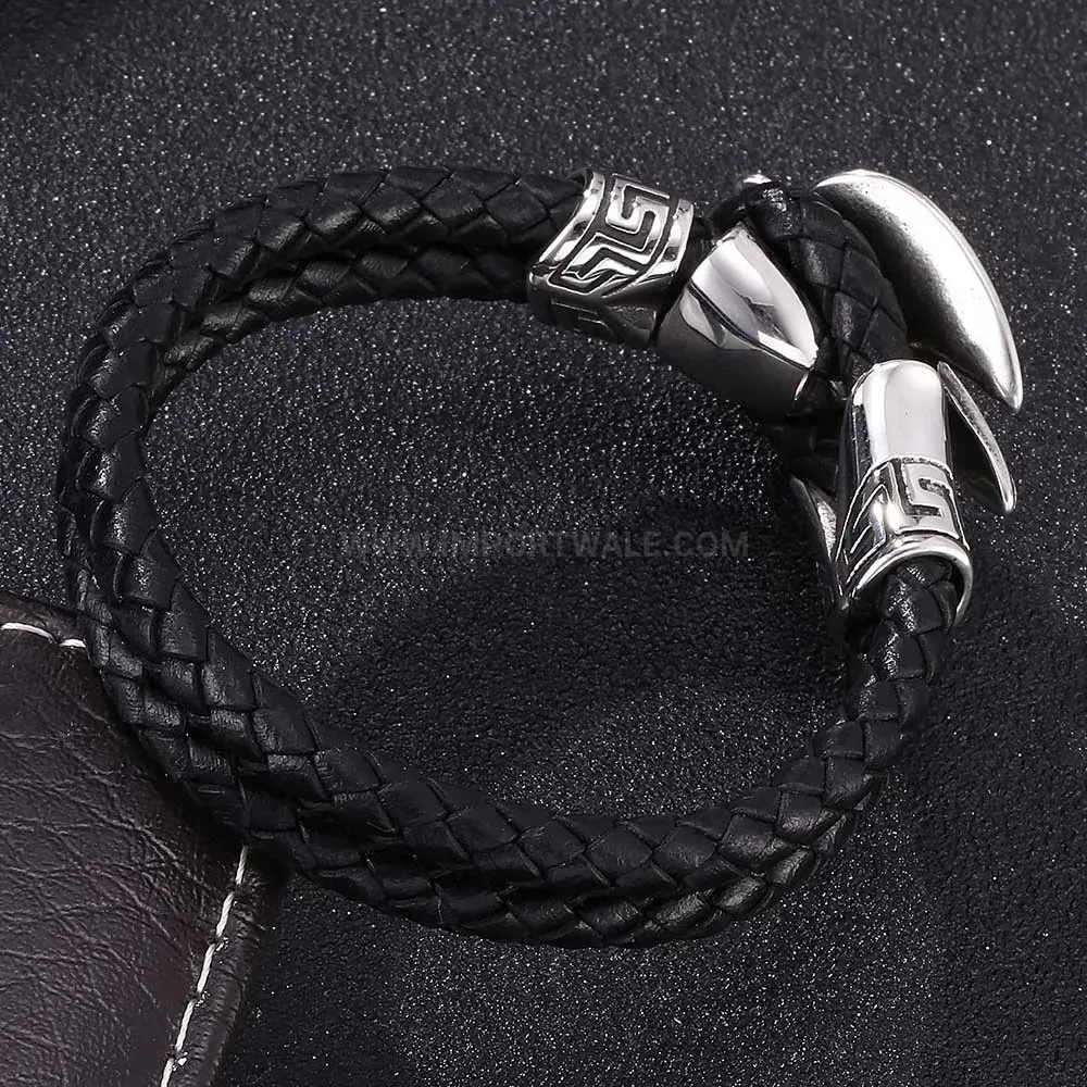 Cross and Skull Braided Leather Wristband with Stainless Steel Accents
