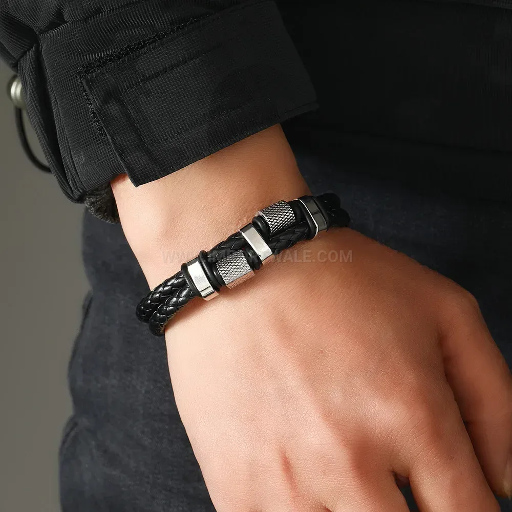 Designer Multi-Strand Woven Leather Bracelet With Alloy Magnetic Clasp