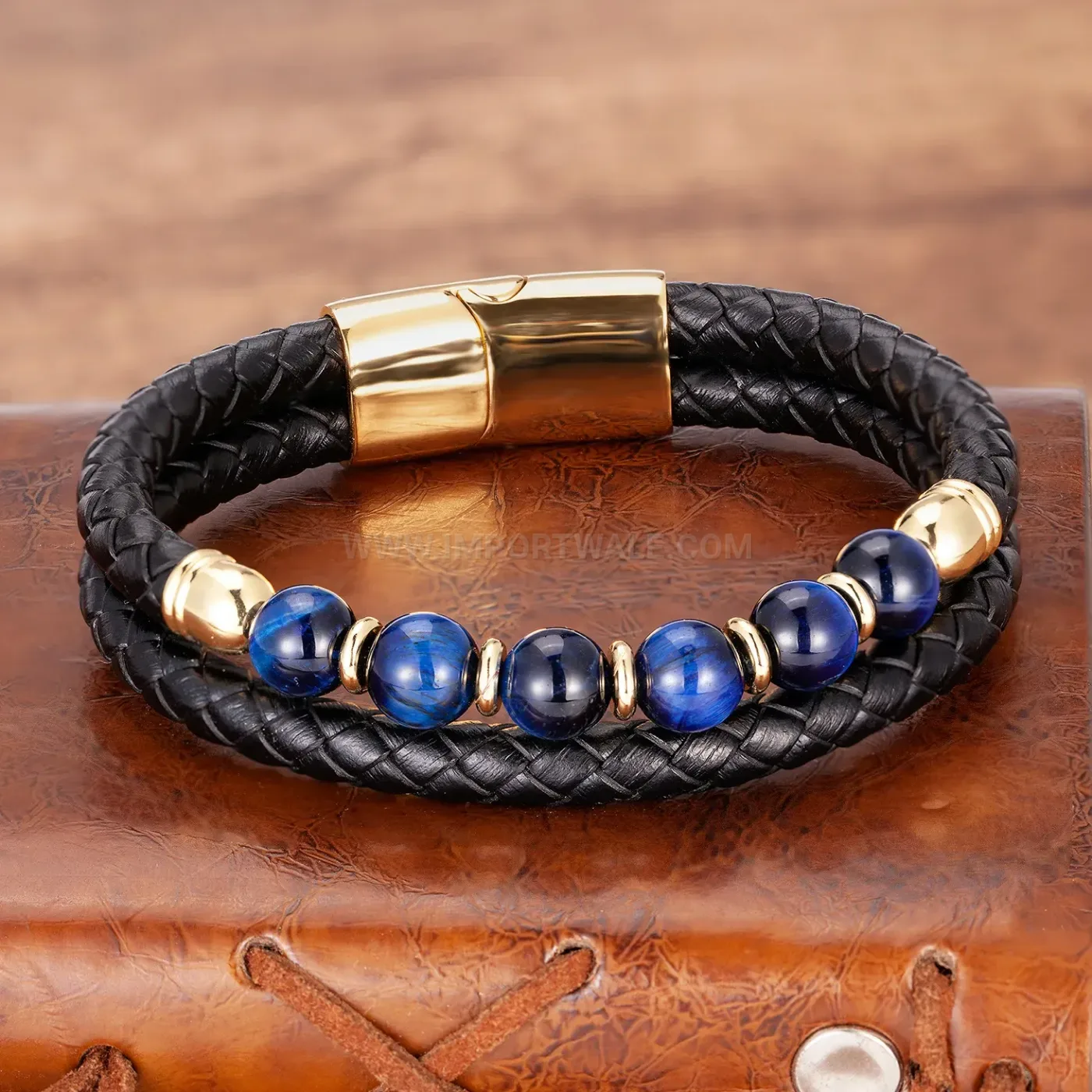 Tigers Eye Bead Braided Leather Wrap Bracelet Stainless Steel