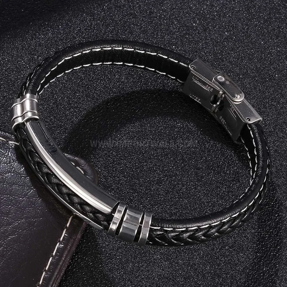 Polished Stainless Steel Minimalist Black Leather Strap Bracelet