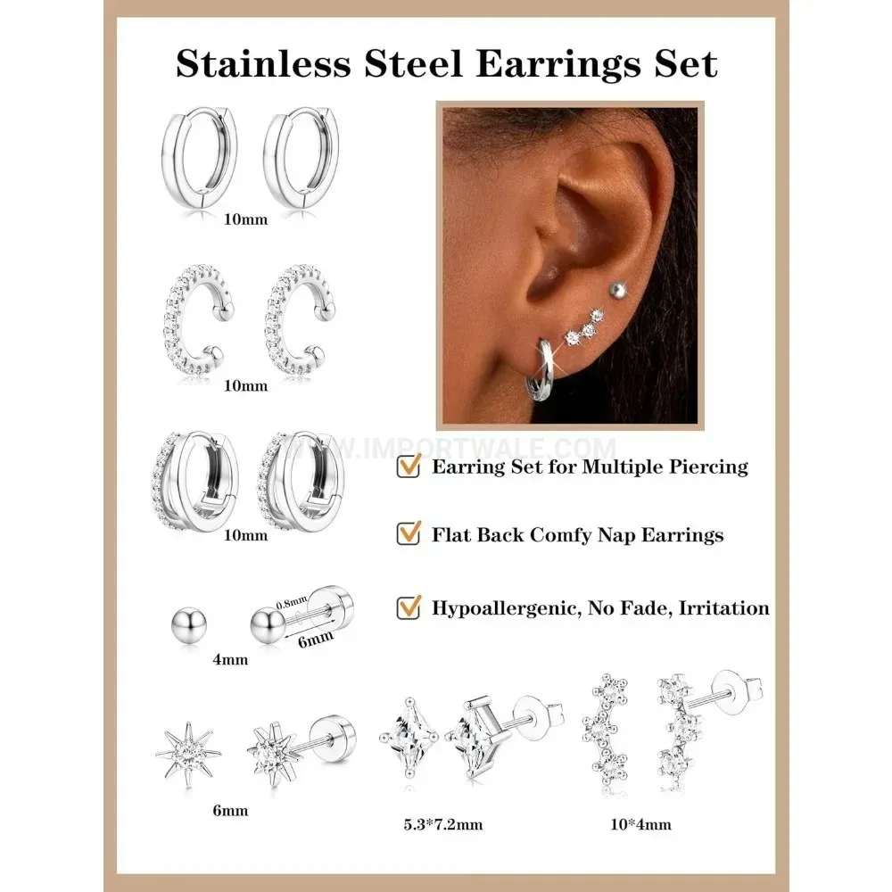 Chic Sleek Stainless Steel Cartilage Piercing Stud and Hoop Earring Combination