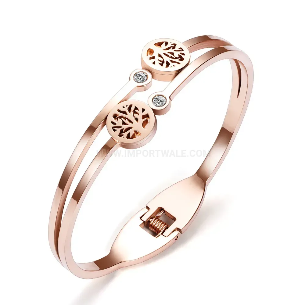 Elegant Tree of Life Rhinestone Stainless Steel Open Cuff Bangle