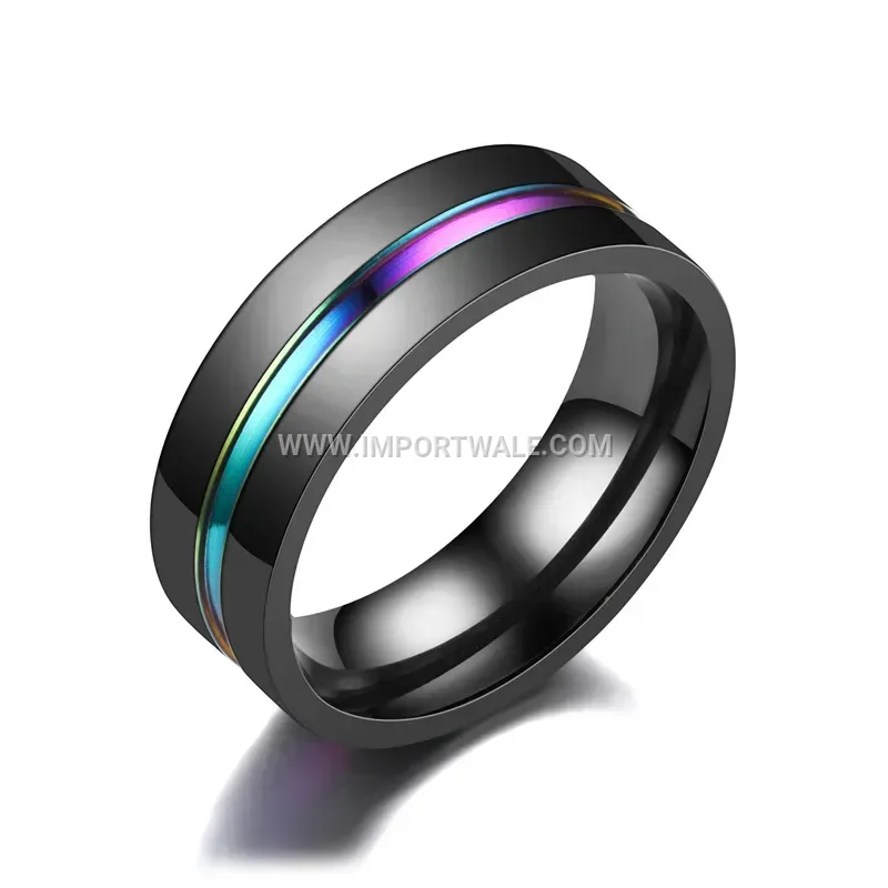 Men's Black Stainless Steel Grooved Ring with Colorful Accents