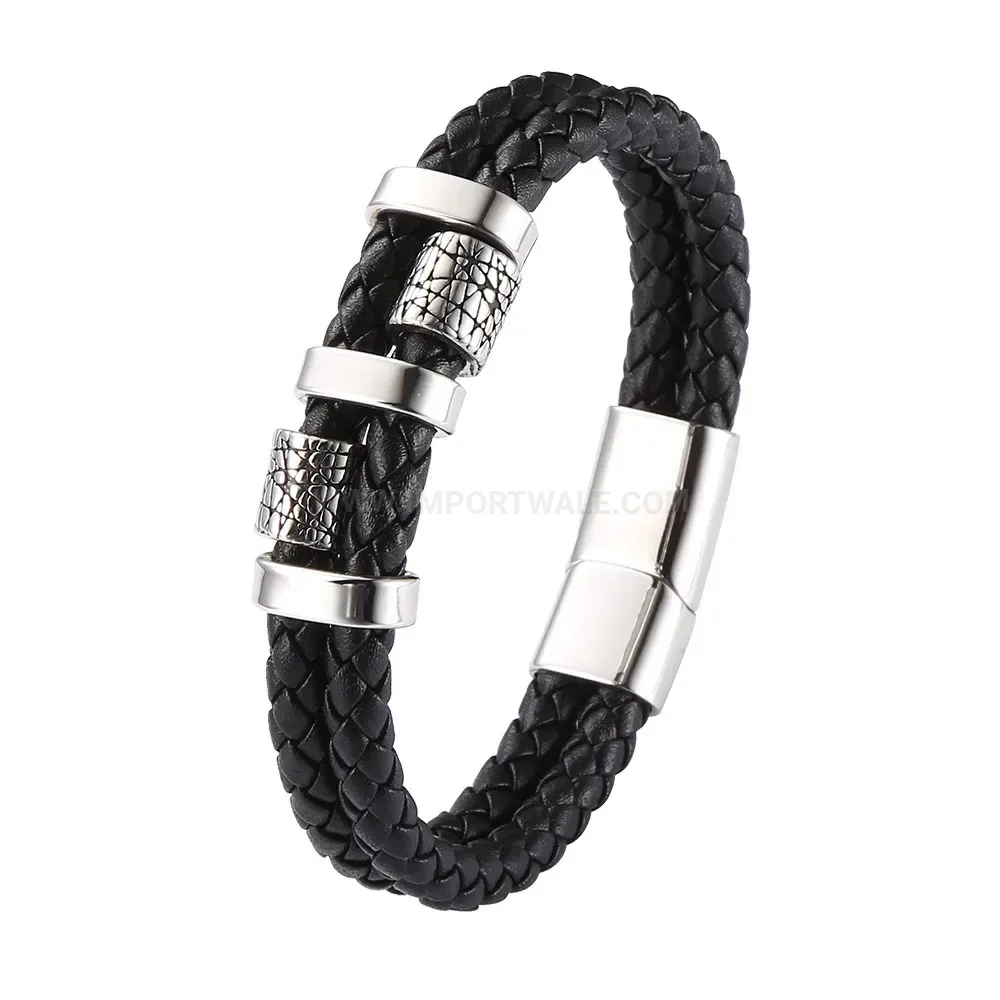 Woven Leather Cording Bracelet with Stainless Steel Magnetic Clasp