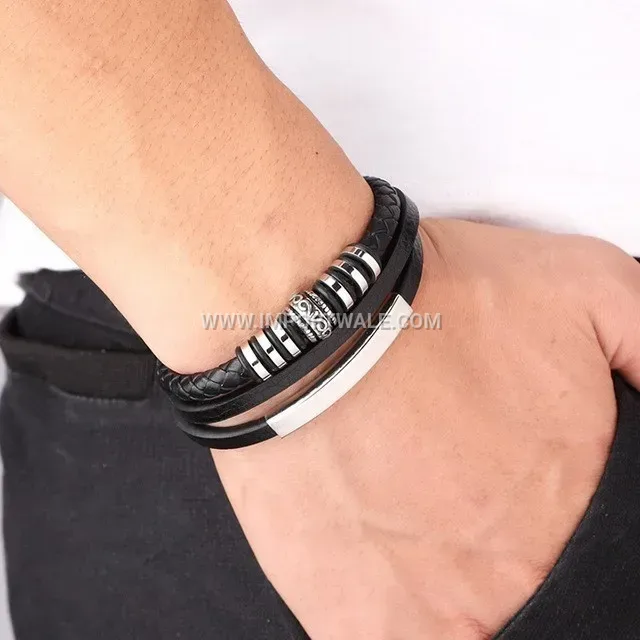 Woven Leather Cord Bracelet Metallic Accent Wristband