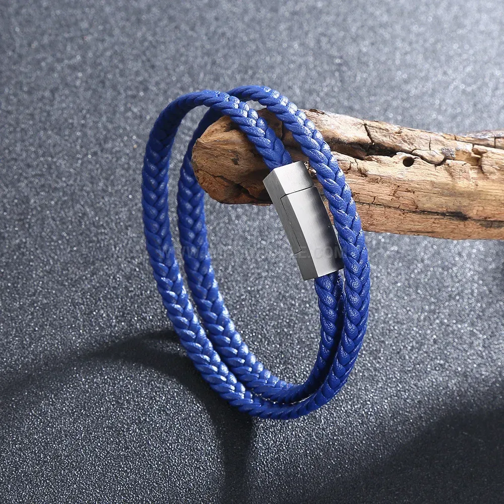 Double-Wrap Braided Leather Bracelet with Magnetic Stainless Steel Clasp