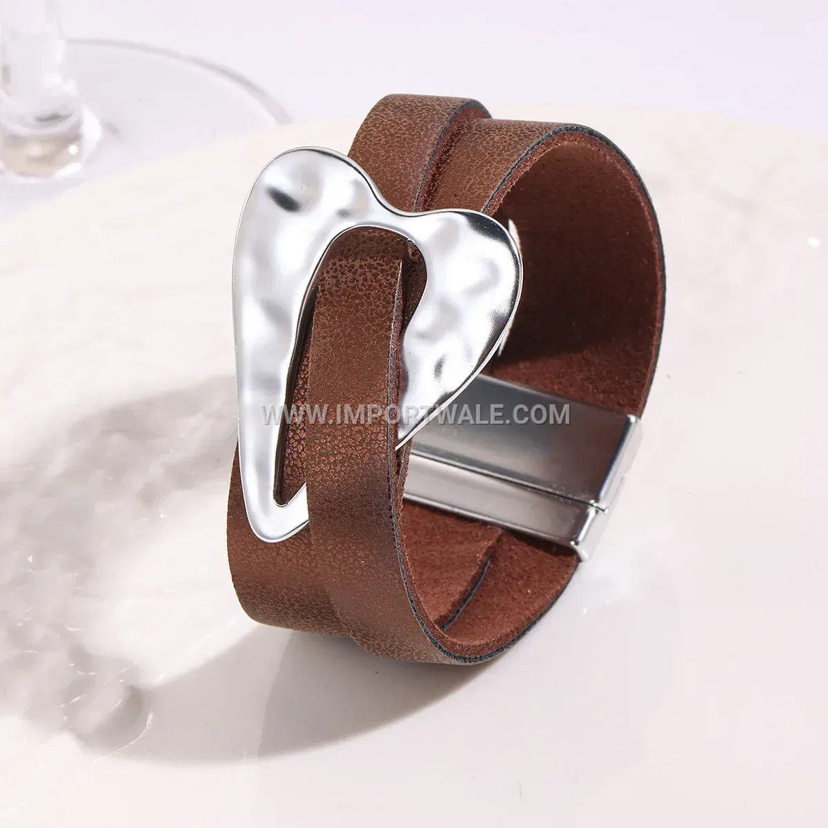 Statement Alloy Heart Charm Leather Cuff Bracelet
