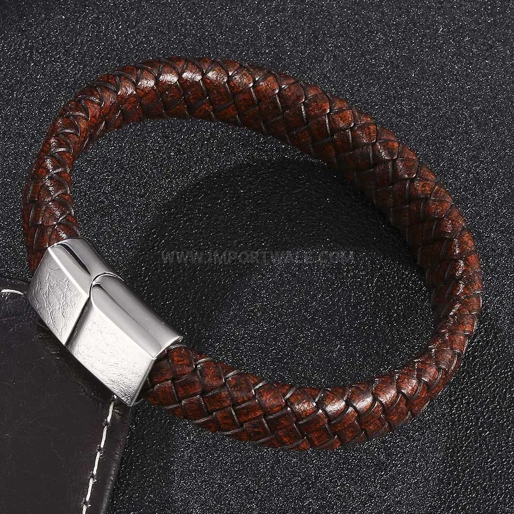 Matte Brown Braided Leather Wristband with Stainless Steel Clasp