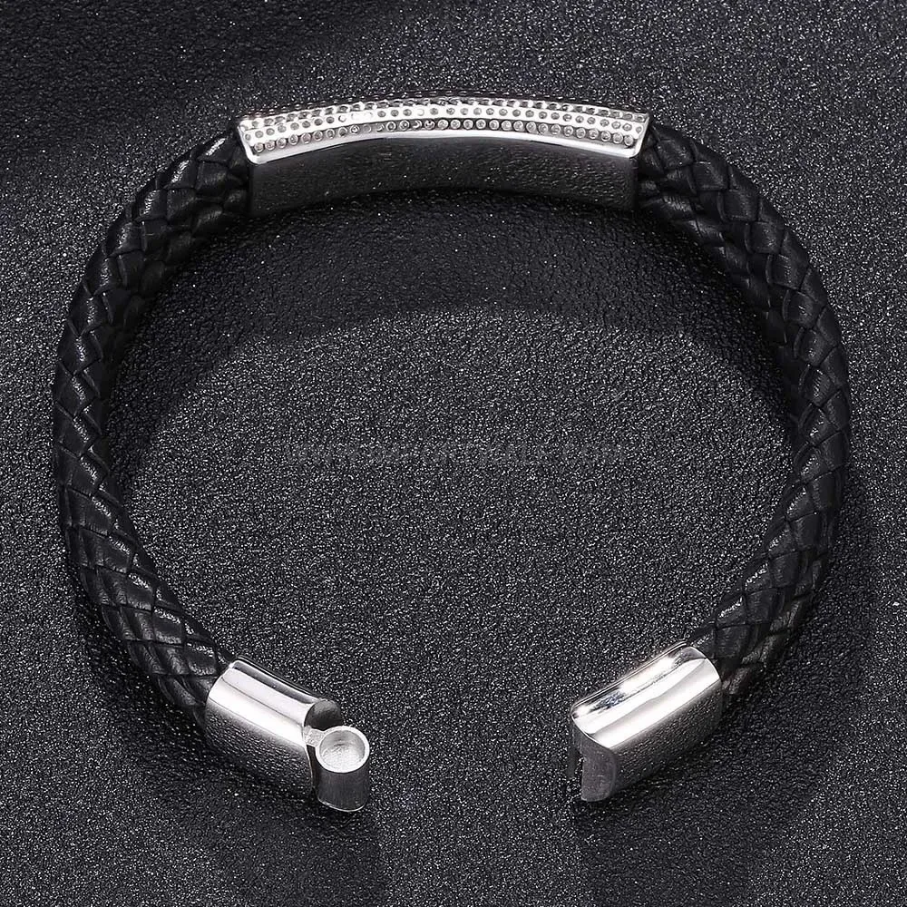 Woven Leather Wristband with Polished Stainless Steel Magnetic Clasp