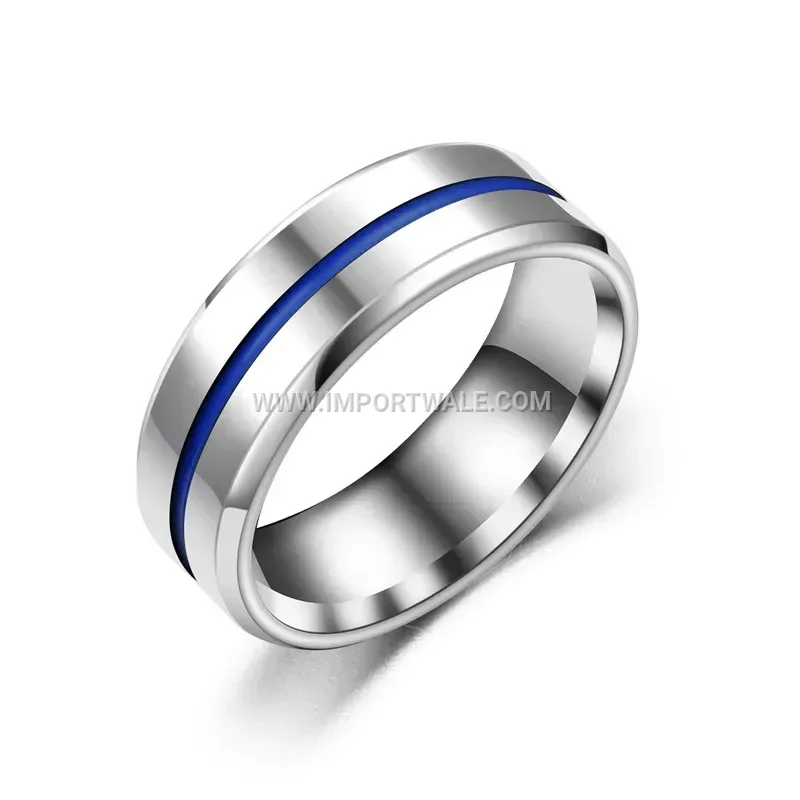 Stainless Steel Beveled Edge Band Ring with Enamel Line Detail