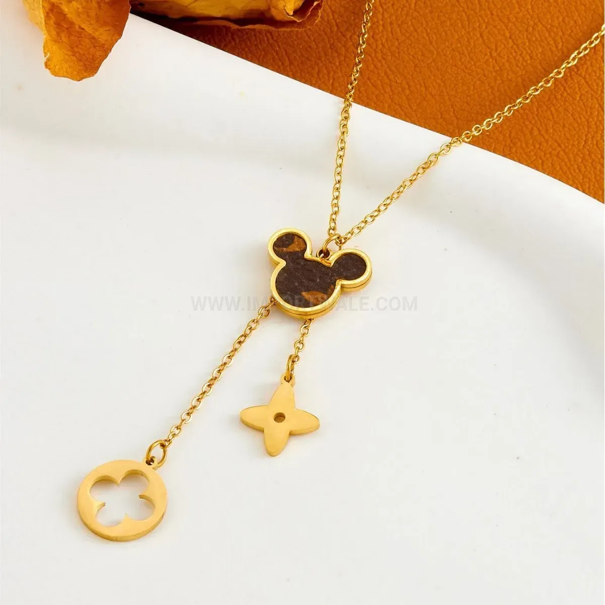 Trendy Titanium Steel Leather Mickey Pendant Necklace