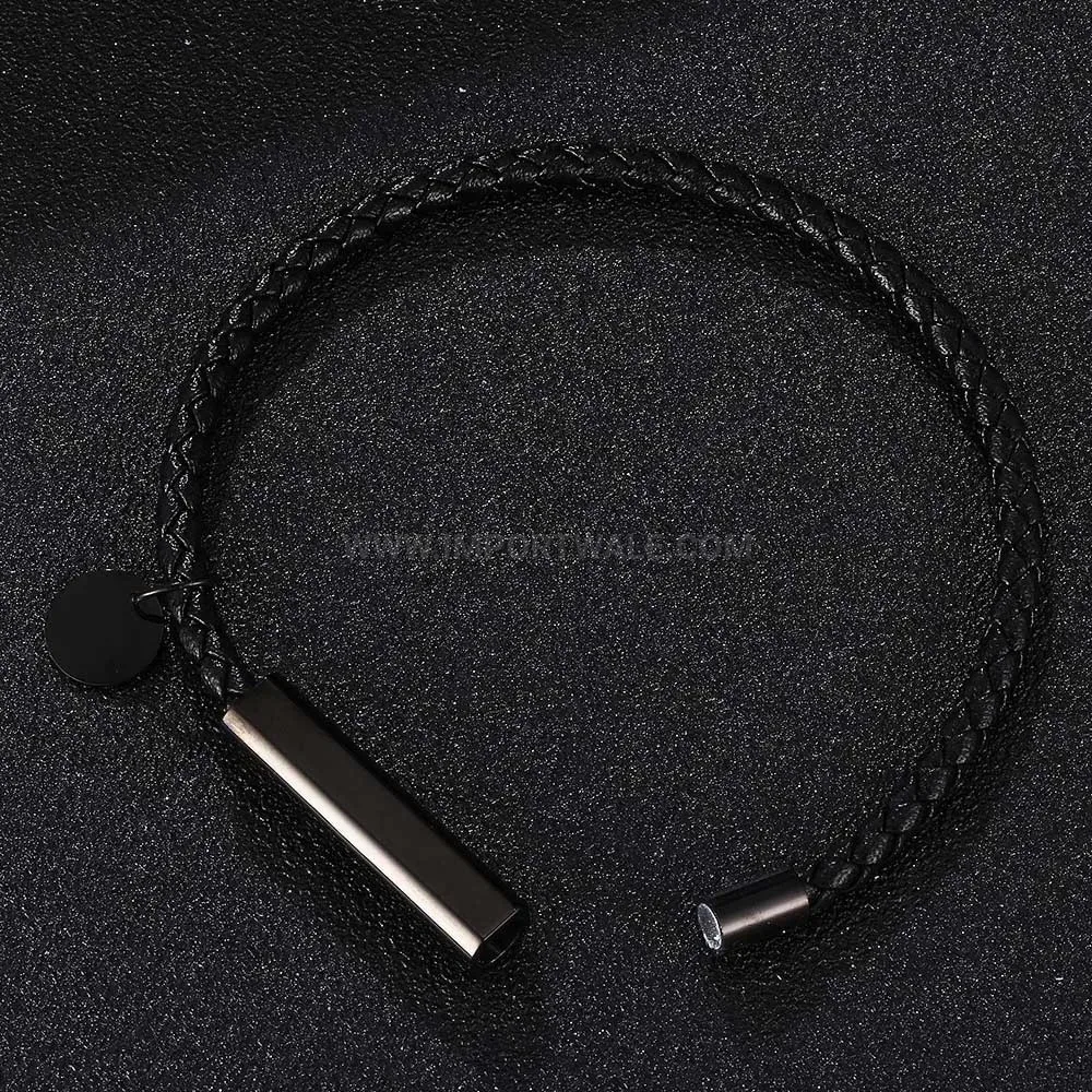 Engravable Black Stainless Steel Braided Leather Couple Bracelet