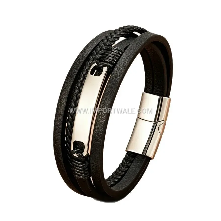 Stainless Steel Accent Braided Leather Punk Bracelet