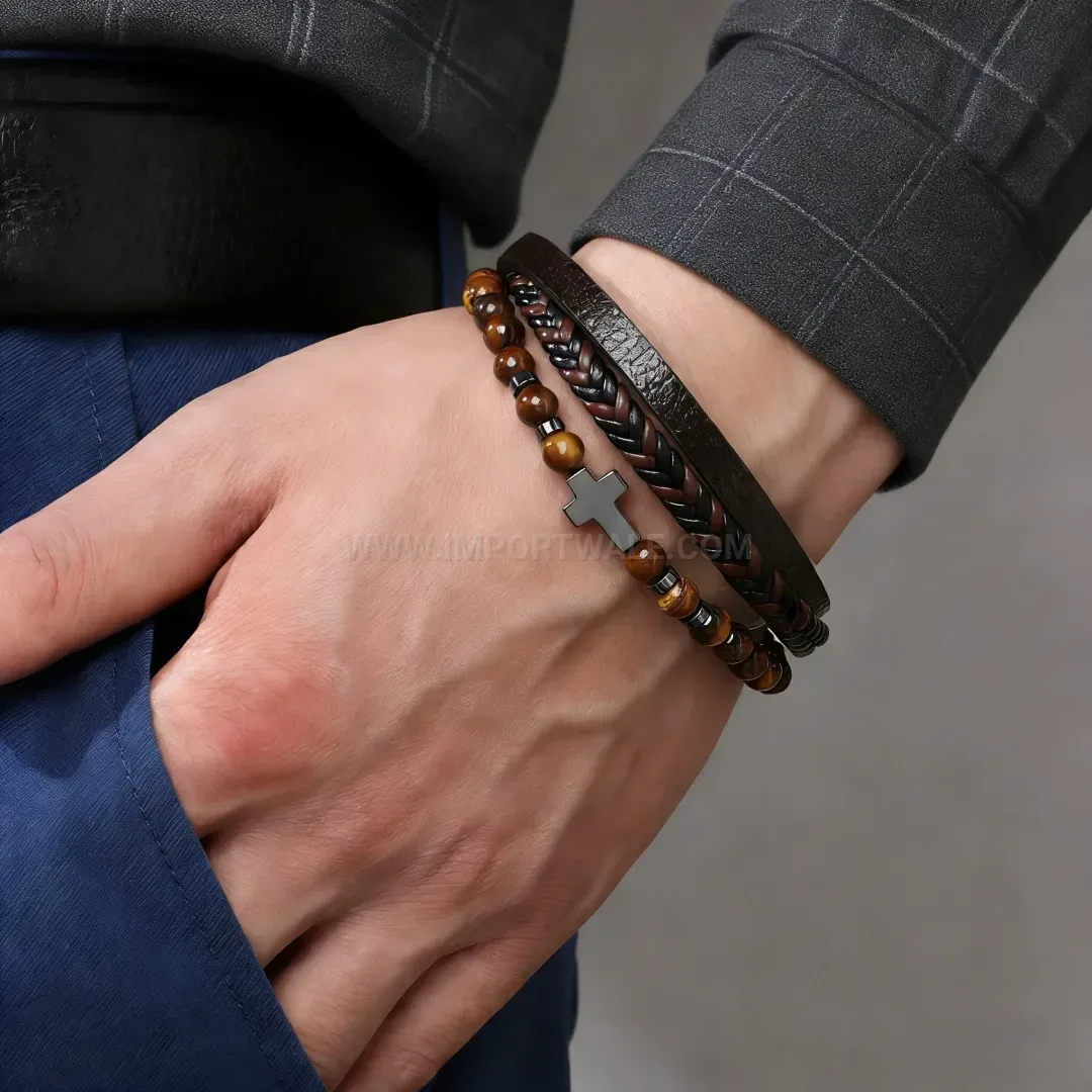 Multi Layer Leather Tiger Eye Natural Stone Bracelet with Cross Magnetic Clasp