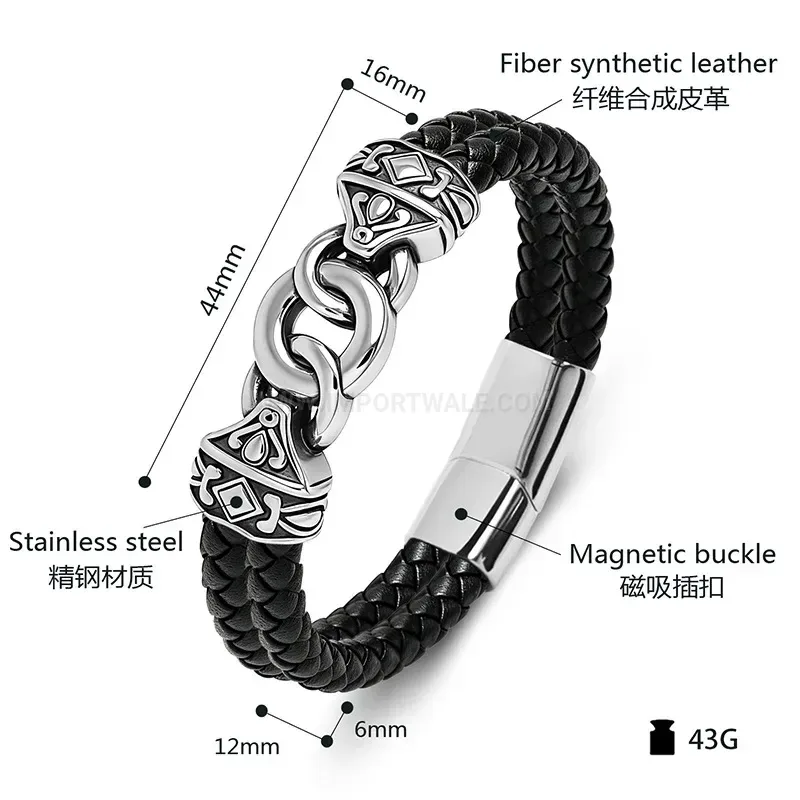 Modern Two Tone Braided Leather Stainless Steel Buckle Bracelet