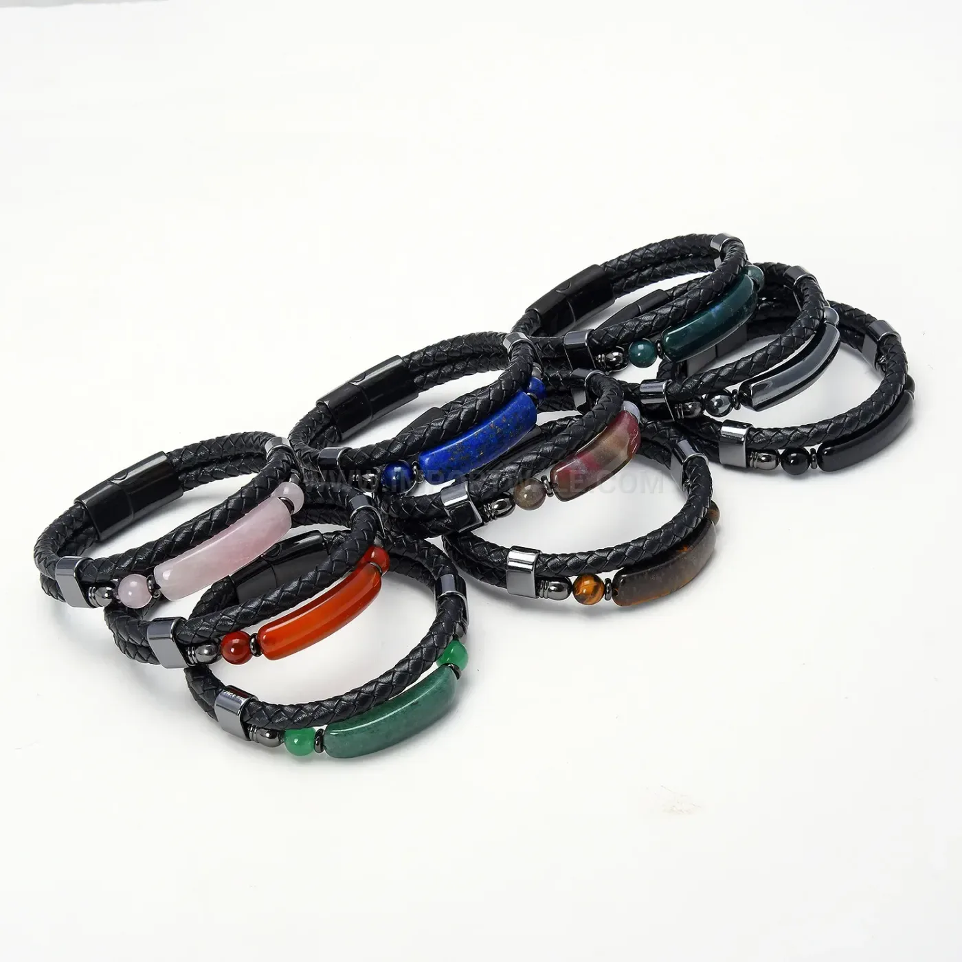 Double Layer Handmade Woven Leather Bracelet with Stainless Steel Clasp