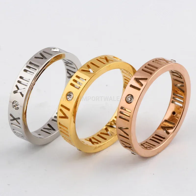 Classic Roman Numeral Rhinestone Cutout Stainless Steel Ring