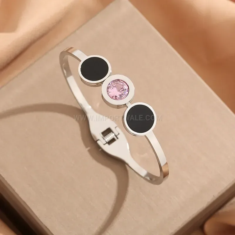 Modern Vintage Style Open Spring Titanium Steel Bangle with Pink Crystals