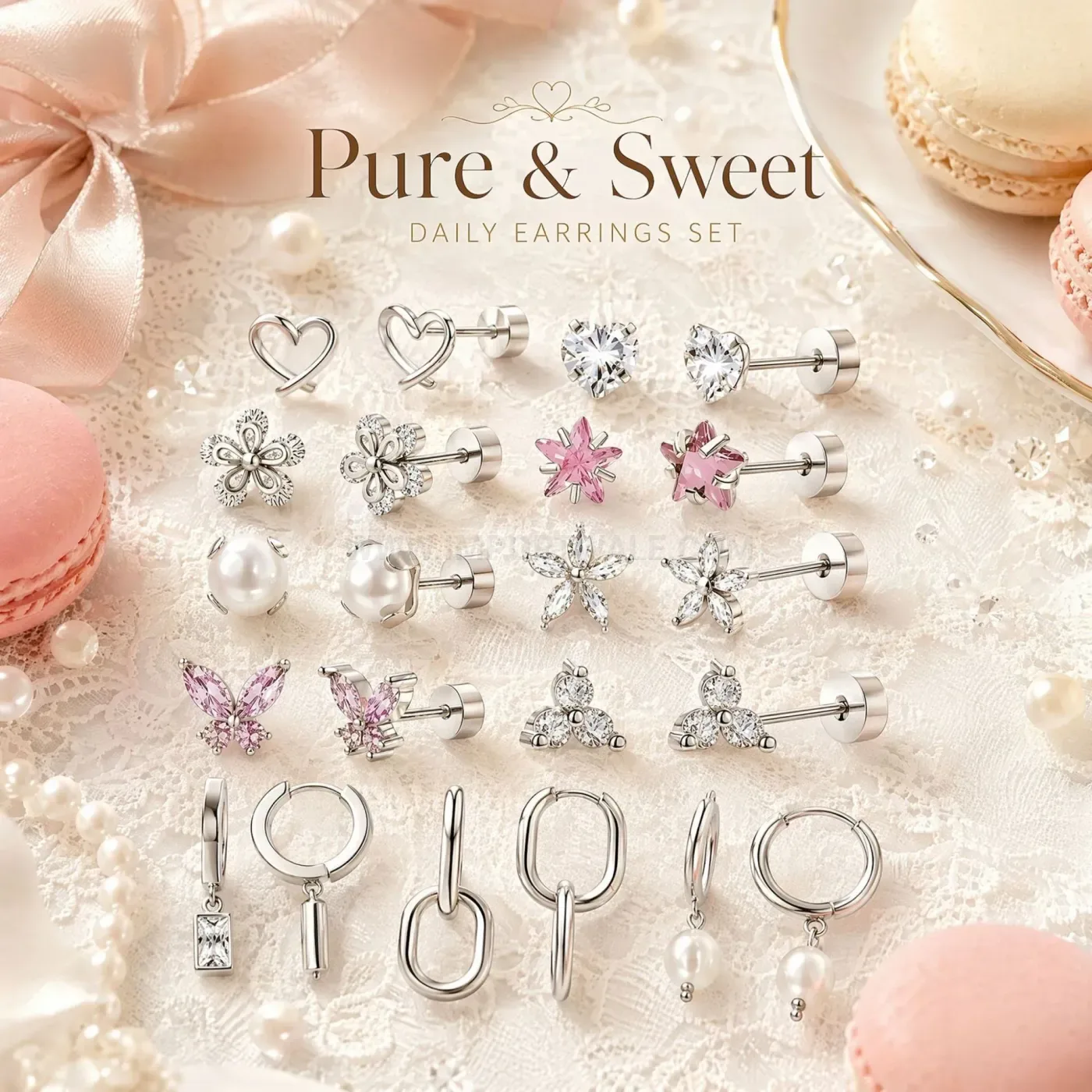Chic Charming Stainless Steel Floral Heart Dangle Pearl Piercing Stud Set